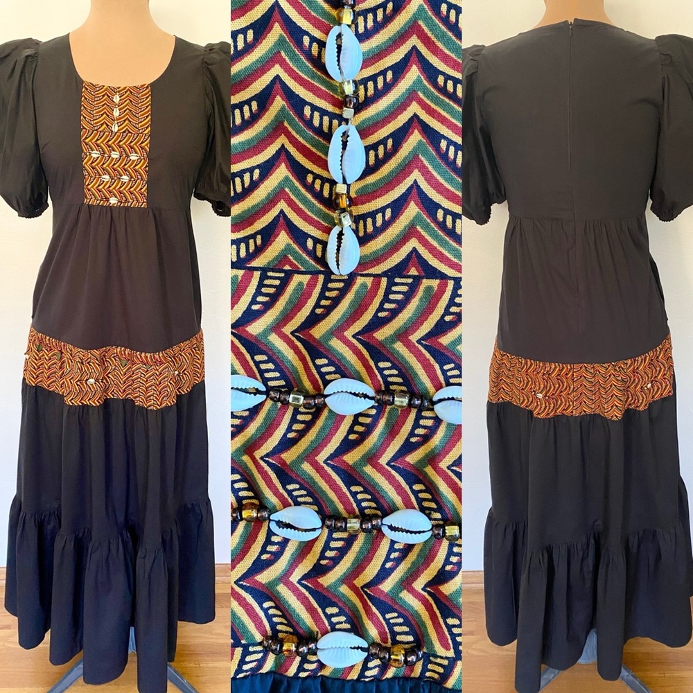 Tiered Black Maxi Dress *Medium* Cowrie Shell-Embellished African Ruffled Dress